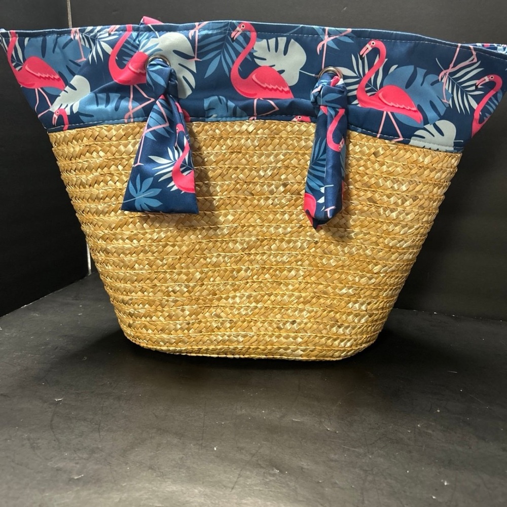 Woven Straw Tote with Navy & Pink Flamingo Trim